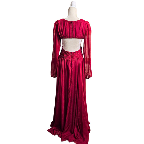 Ieena Mac Duggal Ruched Puff Sleeve Cut Out Organza Pink Maxi Gown $498 Sz 8 - Picture 3 of 10